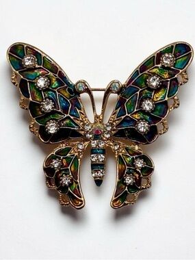 Vintage Gold-Tone Multicolor Enamel Rhinestone Butterfly Brooch Pin